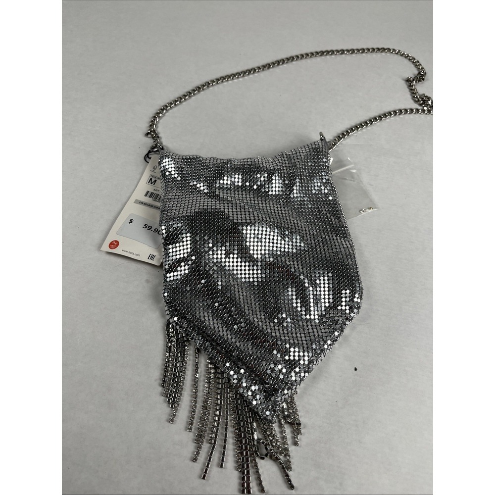 Zara Silver Metallic Fringe Chain Shoulder Clutch - Picture 6 of 6